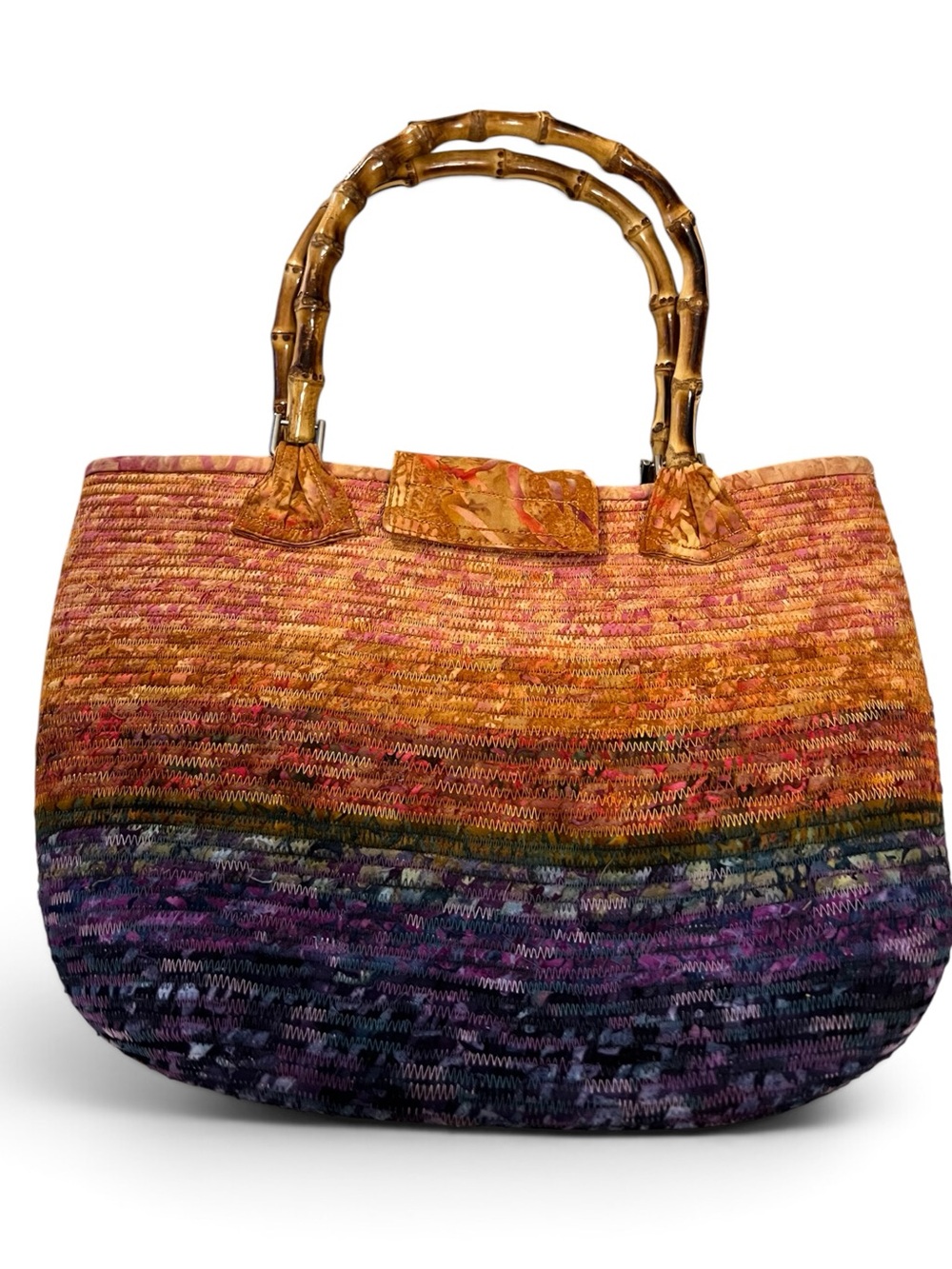 Multicolor Woven Tote with Bamboo Handles